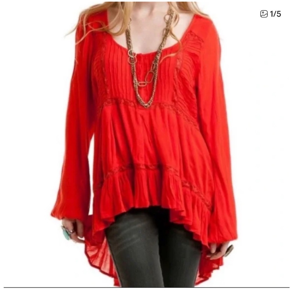FREE PEOPLE Willow Glen High Low lace red top bell sleeve boho Gypsy lace small